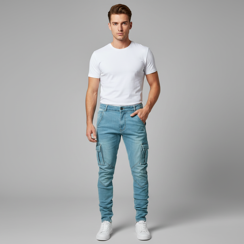 Pantaloni Cargo Uomo Slim Fit in Denim Elasticizzato