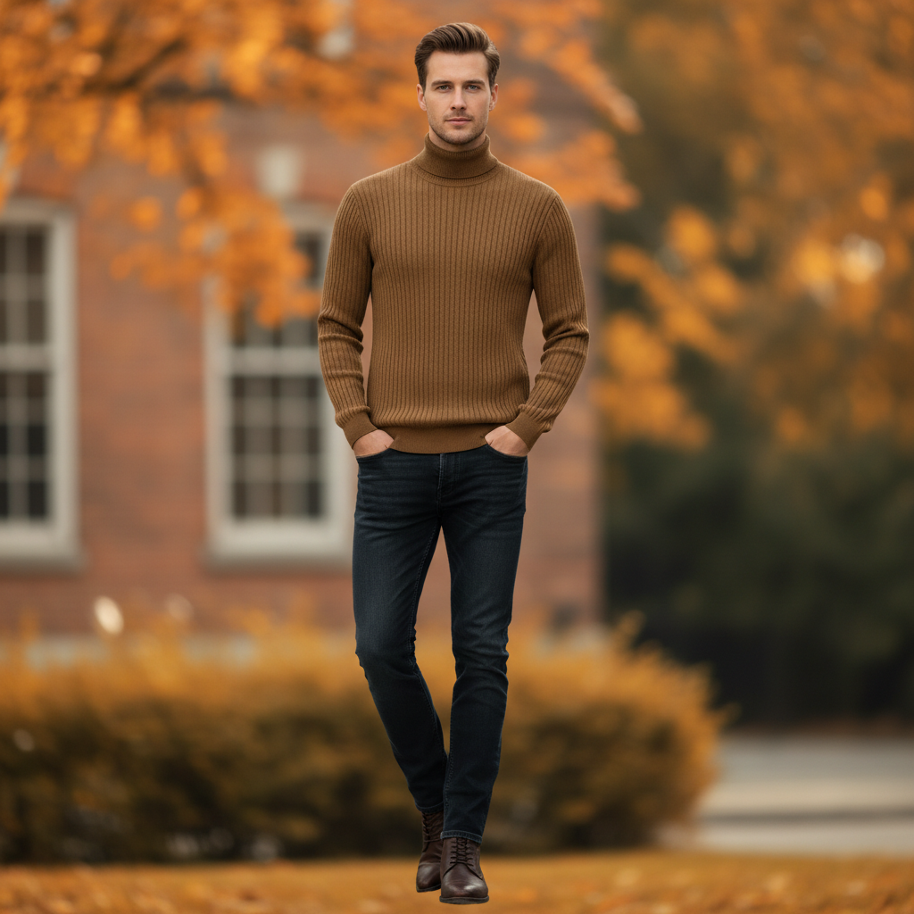 Maglione Dolcevita Uomo a Coste Slim Fit Autunno Inverno