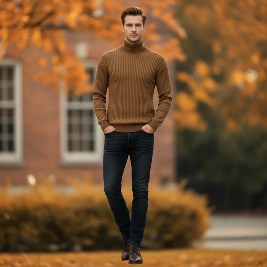 Maglione Dolcevita Uomo a Coste Slim Fit Autunno Inverno