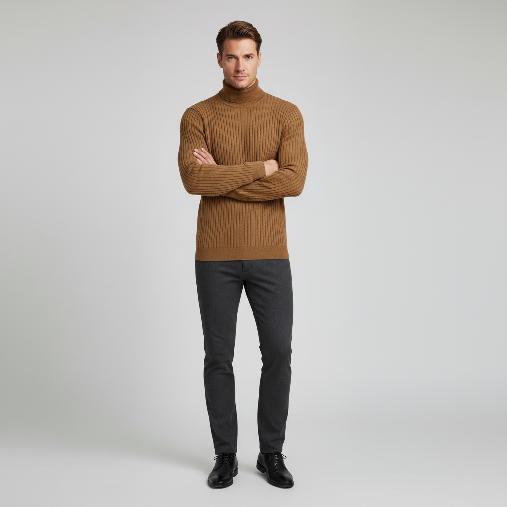 Maglione Dolcevita Uomo a Coste Slim Fit Autunno Inverno